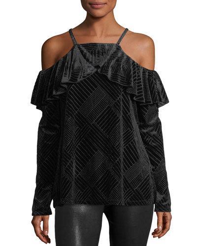 Cold-shoulder Ruffled Velvet Top