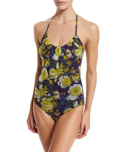 Rose-print Halter One-piece Swimsuit, Camomilla
