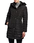 Faux-fur-trim Memory Satin Puffer Coat