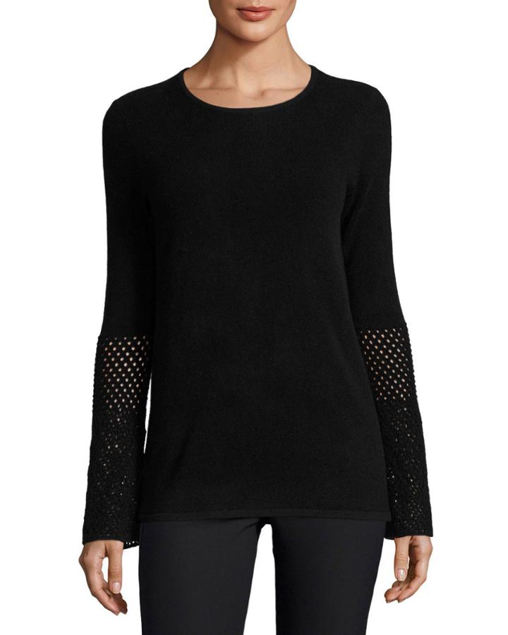 Cashmere Crochet-sleeve Crewneck
