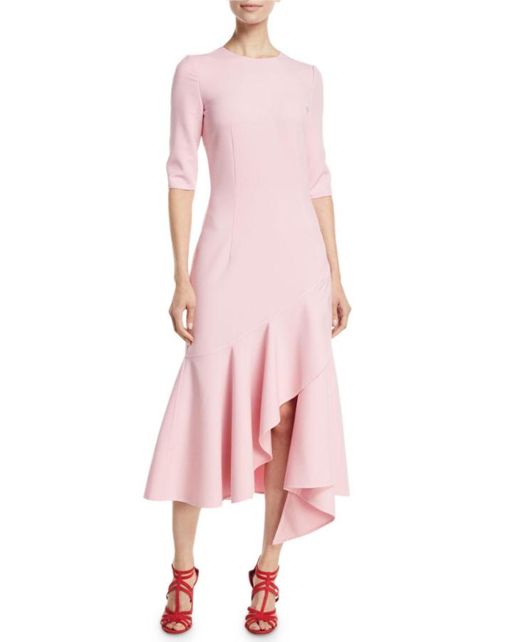 3/4-sleeve Drop-waist Fitted Asymmetric-hem