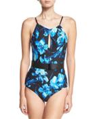 Elizabeth High-neck One-piece Swimsuit, Blue Pattern