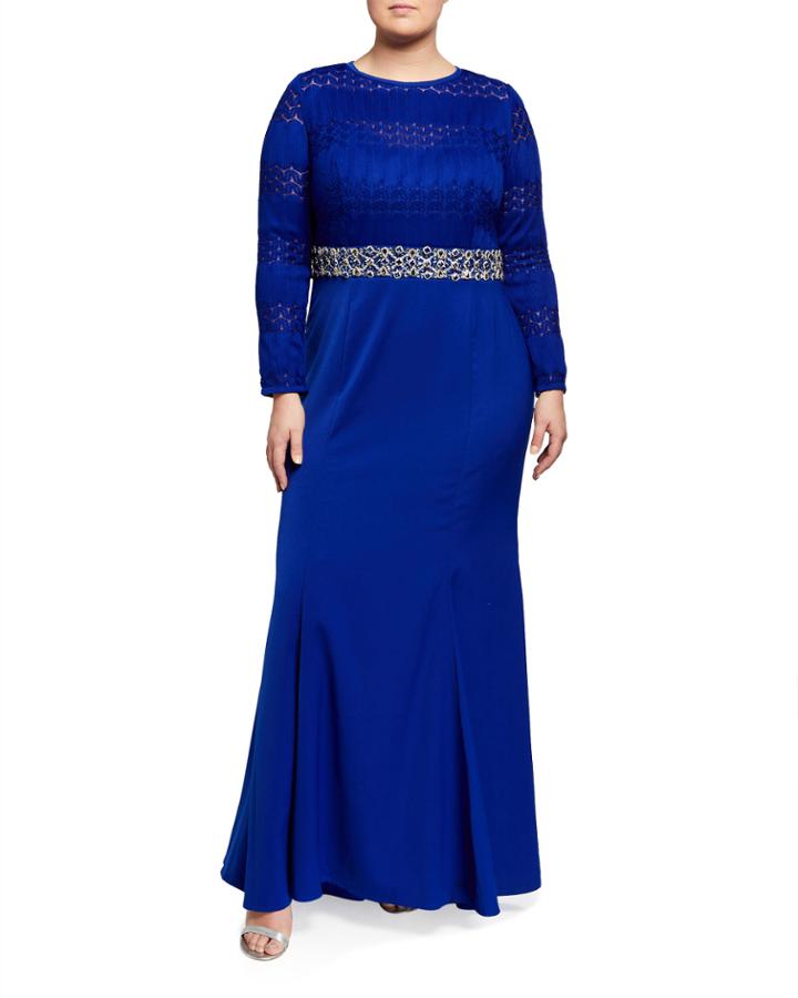 Plus Size Jersey Lace Long-sleeve Embellished Trumpet Gown
