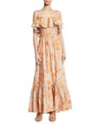 Tropical Wave Ruffled Square-neck Belted Floral-print Poplin