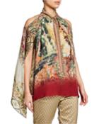 Castle Print Cold-shoulder Blouse