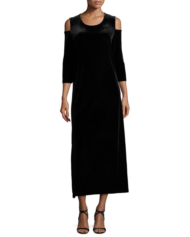 3/4-sleeve Cold-shoulder Velvet Maxi Dress, Black