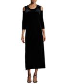 3/4-sleeve Cold-shoulder Velvet Maxi Dress, Black