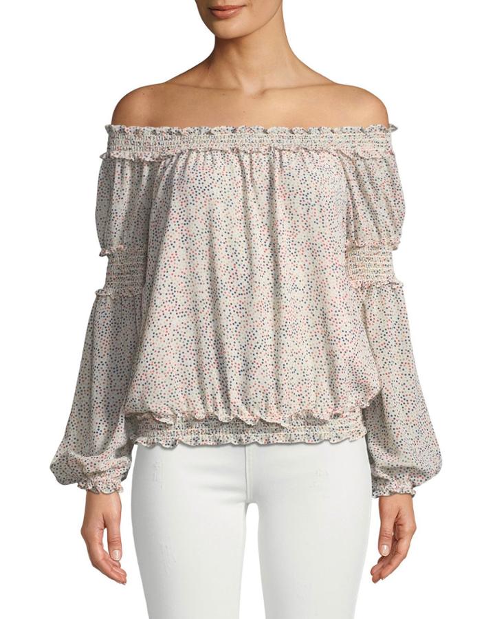 Smocked Polka-dot Off-the-shoulder Blouse