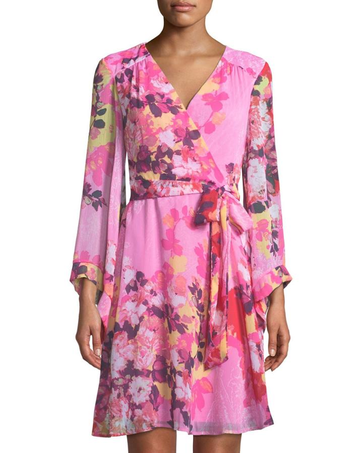 Bell-sleeve Floral Faux-wrap Dress
