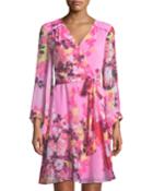 Bell-sleeve Floral Faux-wrap Dress