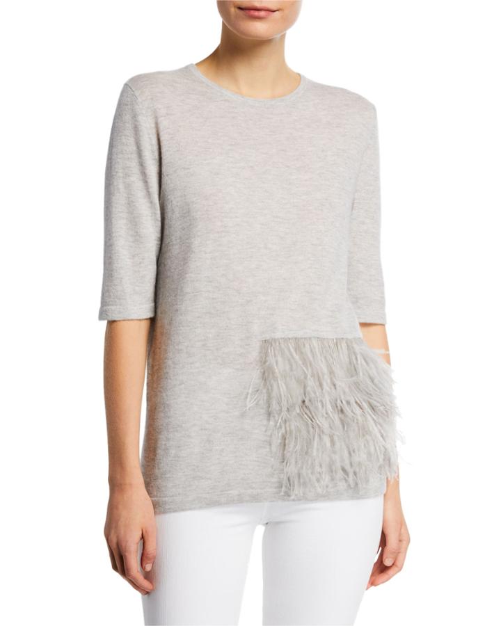 Superfine Crewneck Elbow-sleeve Cashmere Top W/ Ostrich Feathers