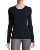 Long-sleeve Button-front Henley Top, Navy