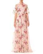 Floral-embroidered Button-front Short-sleeve Evening Gown