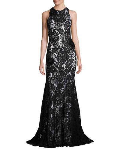 Beaded Sleeveless Lace Mermaid Gown, Black/white