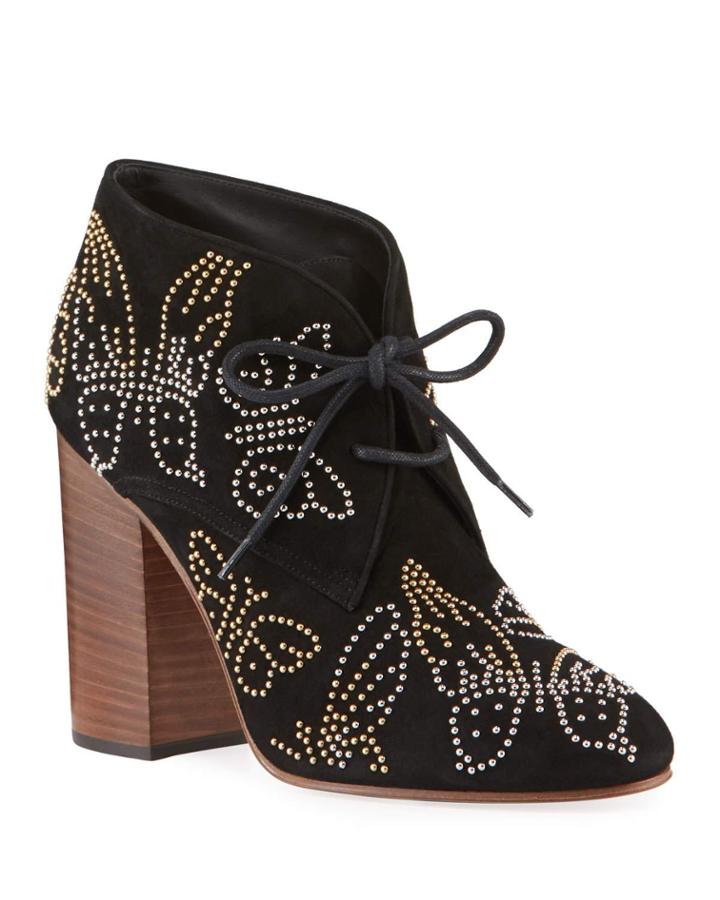 Beaded Butterfly Suede Lace-up Booties