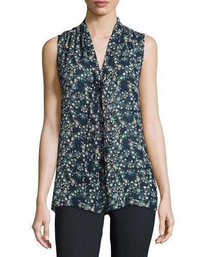 Sleeveless Tie-neck Printed Top, Navy/ivy