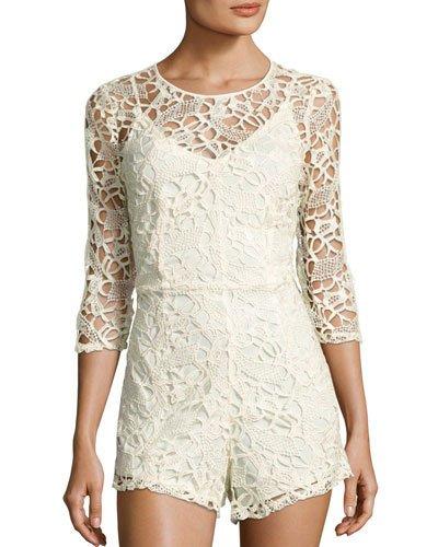 3/4-sleeve Lace Romper, Ivory