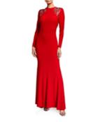 Embellished Open-back Long-sleeve Gown
