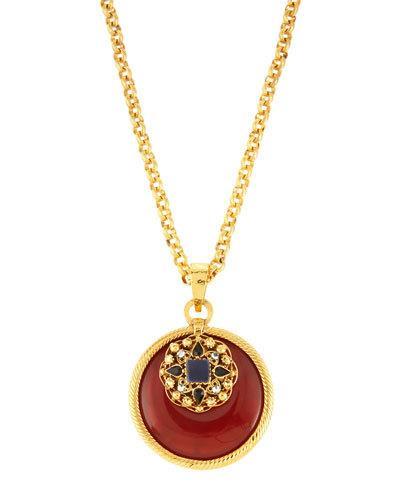 Long Carnelian & Crystal Disc Pendant Necklace