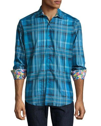 Lazio Ombre Plaid Jacquard Sport Shirt, Bright Blue