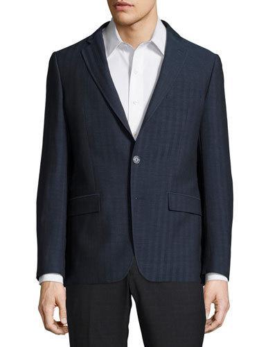 Modern-fit Herringbone Two-button Wool Blazer, Navy