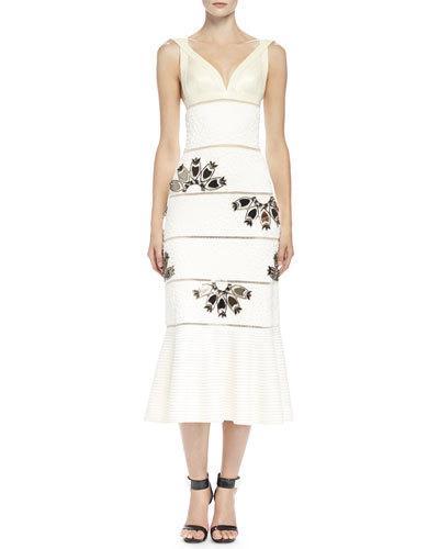 Leather-contrast Beaded Column Gown, Bone
