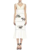 Leather-contrast Beaded Column Gown, Bone