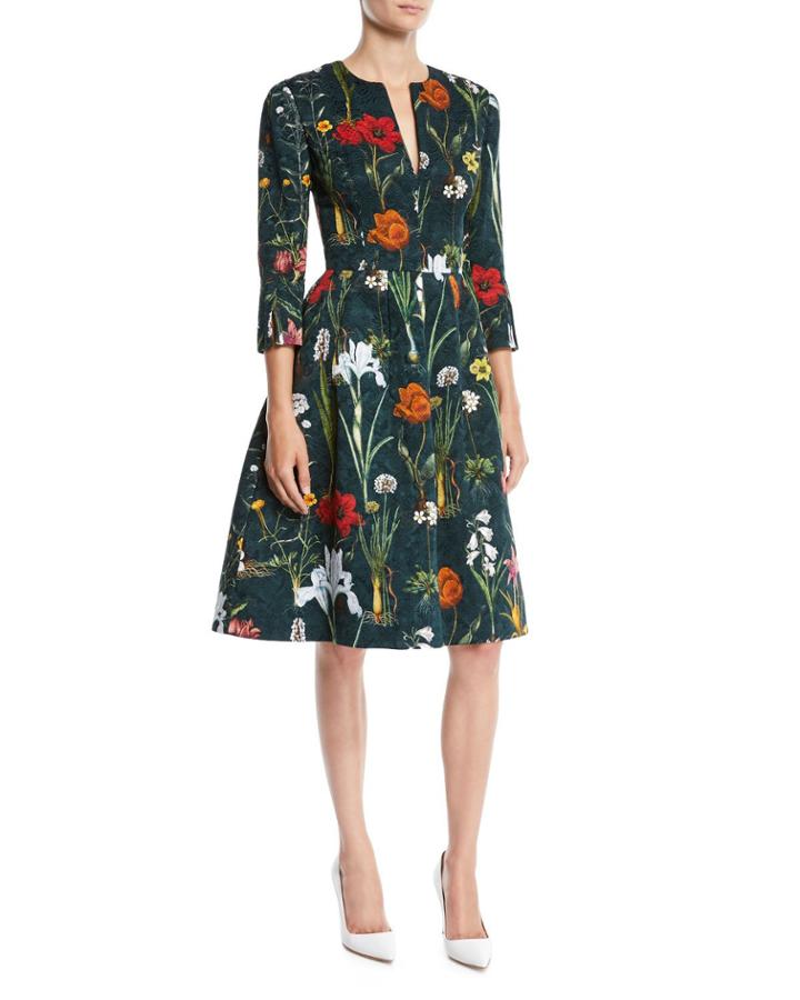 Split-neck 3/4-sleeve Fit-and-flare Floral-embroidered Knee-length Day Dress