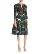 Split-neck 3/4-sleeve Fit-and-flare Floral-embroidered Knee-length Day Dress