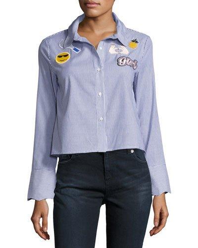 Scalloped-collar Striped Shirt, Blue/white