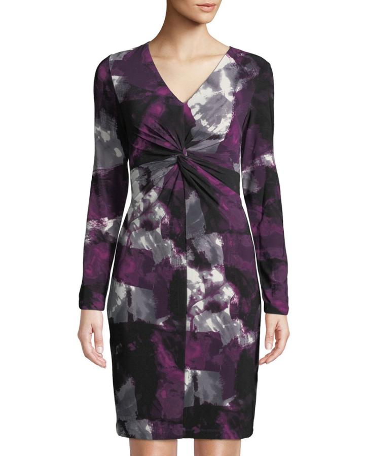Long-sleeve Printed Twist-front Dress