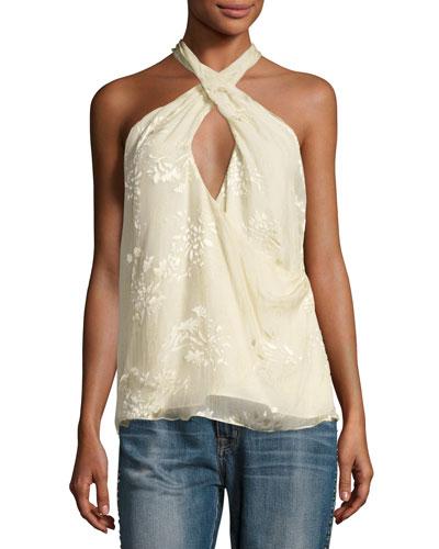 Narcissus Flocked Floral Halter Top, Antique White