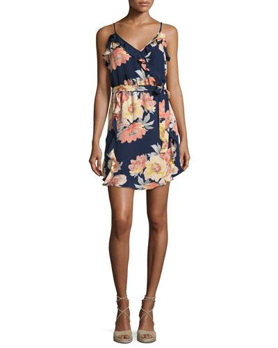 Foxglove Floral-print Silk Wrap Dress, Blue/multicolor
