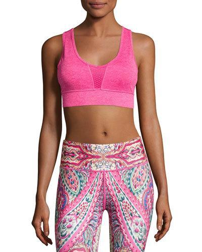 Solid Mesh-inset V-neck Sports Bra, Pink