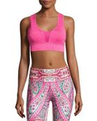 Solid Mesh-inset V-neck Sports Bra, Pink