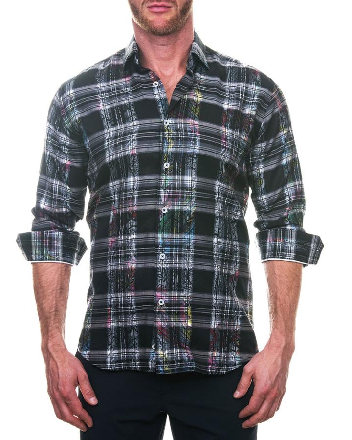 Men's Fibonacci Shaped Sport Shirt - Paisley Check Black