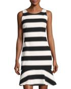 Adrienne Sleeveless Striped Flounce Dress, Black/white