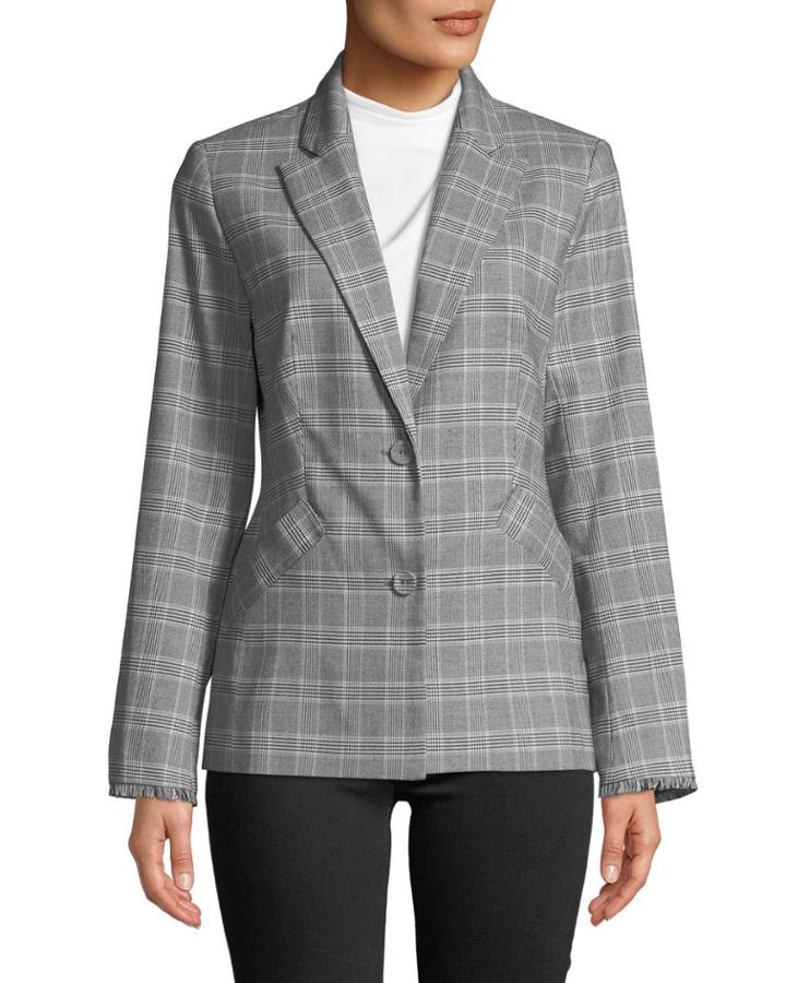 Glen Plaid Fringe-trim Blazer Jacket