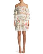 Santos Cold-shoulder Floral-print Tiered Silk Dress W/