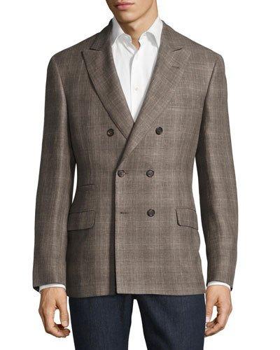 Madras Double-breasted Linen-blend Jacket, Walnut