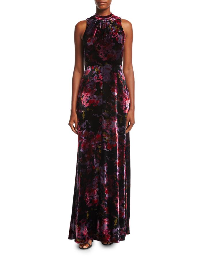 Mock-neck Sleeveless Floral-print Velvet Evening Gown