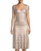 Foil Cap-sleeve Bandage Cocktail Dress