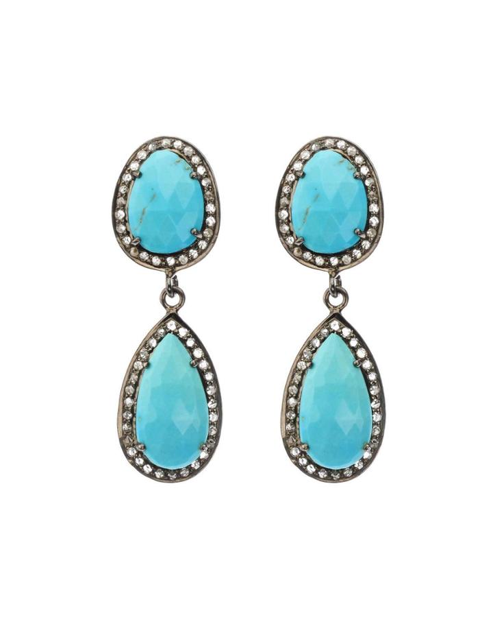 Black Silver 2-drop Earrings With Turquoise & Diamonds