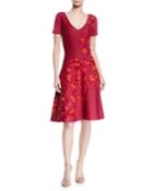V-neck Short-sleeve Fit-and-flare Floral-jacquard Dress