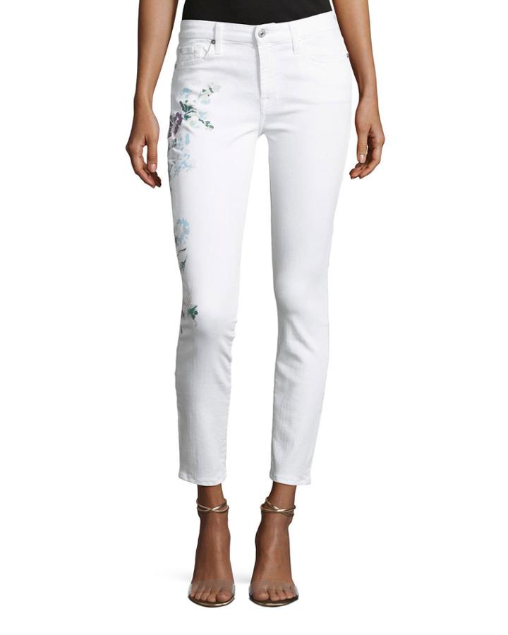 Skinny Ankle Jeans With Hand-painted Floral
