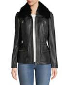 Princess-sleeve Leather Jacket With Faux-fur Neckline
