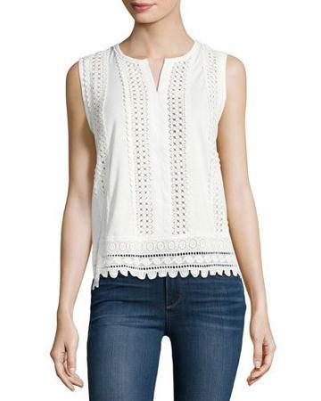Lace-inset Split-neck Tank Top, Ivory