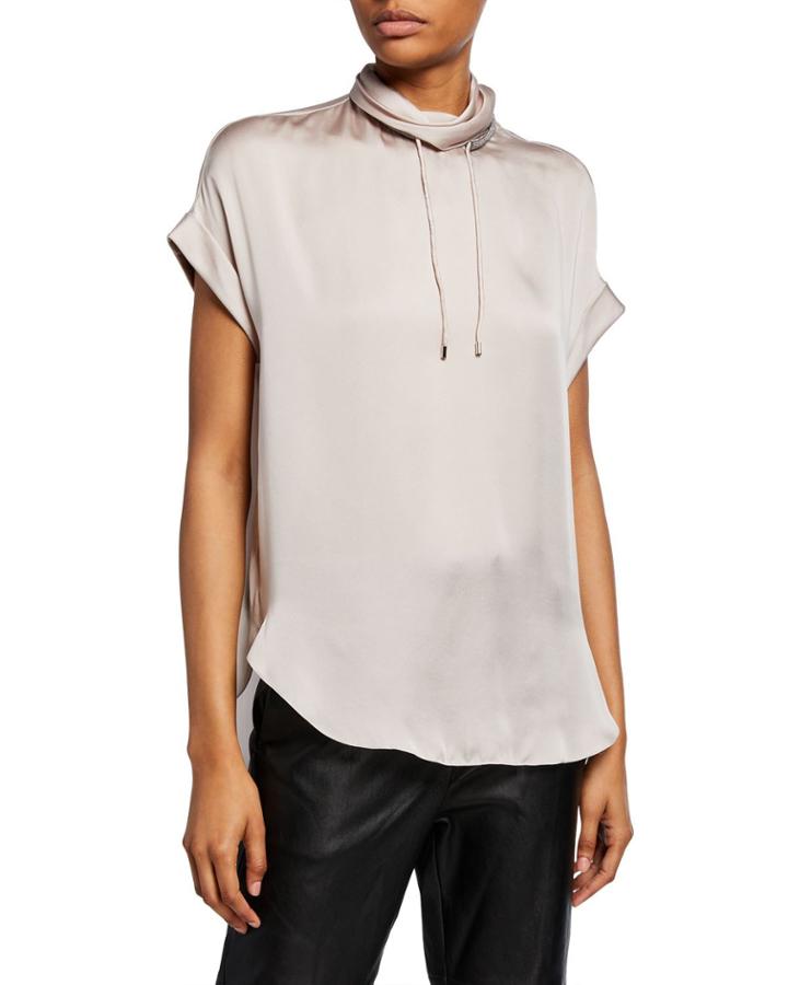 Monili-beaded Satin Turtleneck Top