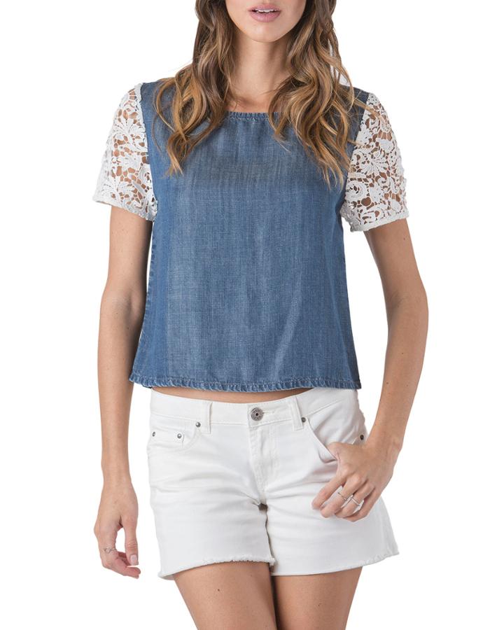 Ellie Cluny Lace Sleeve Tencel Button Back Boxy Top