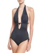 Brena Plunging Halter Ruched-side Maillot, Charcoal